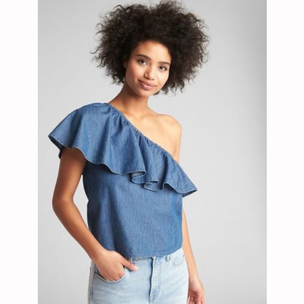 Gap NWT Blue Chambray Denim One-Shoulder Ruffle Top Small